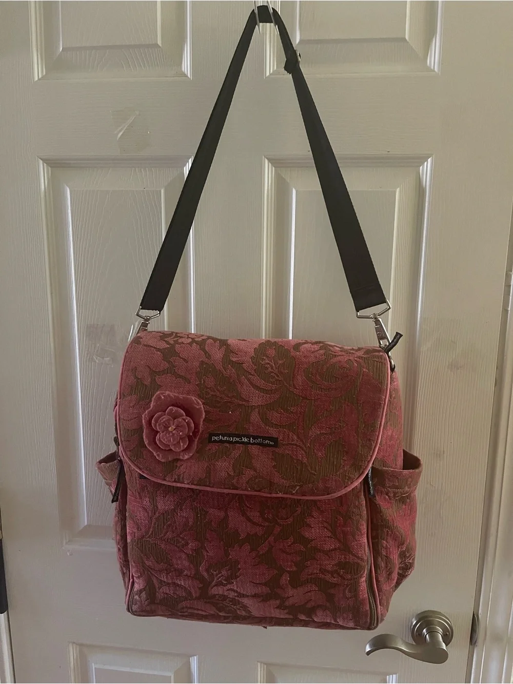 Petunia Pickle Bottom Pink Floral Jacquard Messenger Diaper Bag with Black Strap